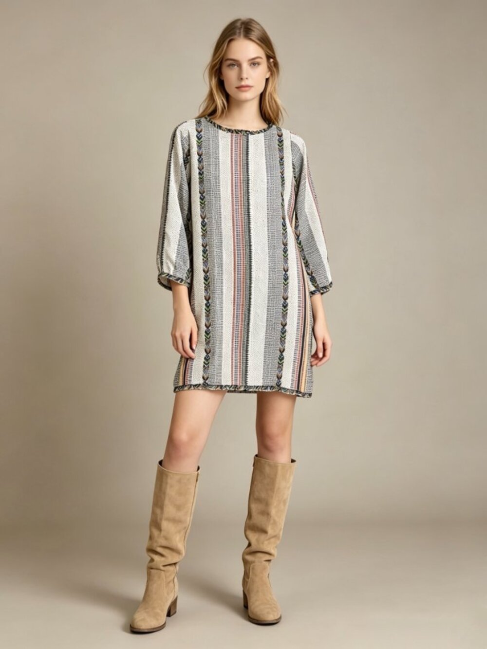NWOT JOHNNY WAS Striped Silk Ruffles Dress Boho Chic Multicolor Sz S